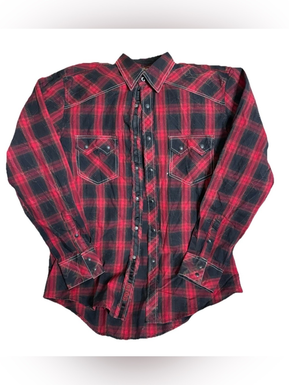 Rock & Roll Cowboy Shirt Mens M Red Plaid Pearl Snap Button Western Long Sleeve
